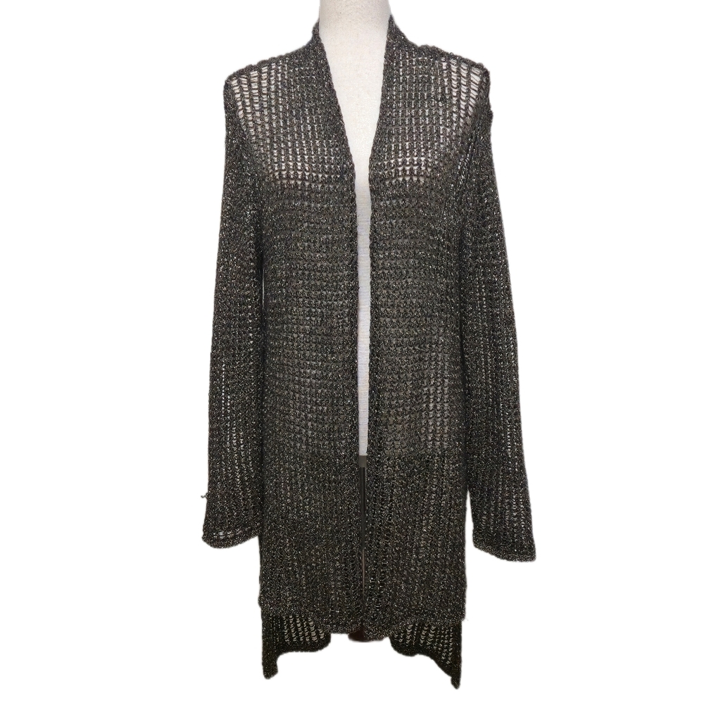 Eileen Fisher Cardigan Duster Gray Metallic Sparkle Open Knit Longline XL
